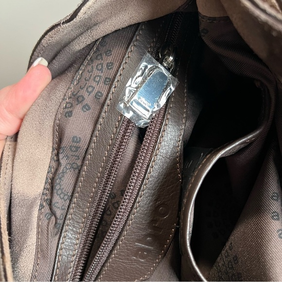 ABRO suede leather abstract print saddle bag, brown and tan, adjustable strap - Picture 10 of 12